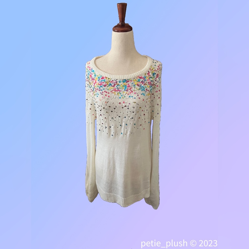 Belldini- NWT -Rainbow Confetti Sequined Sweater- Winter White -Size: Medium